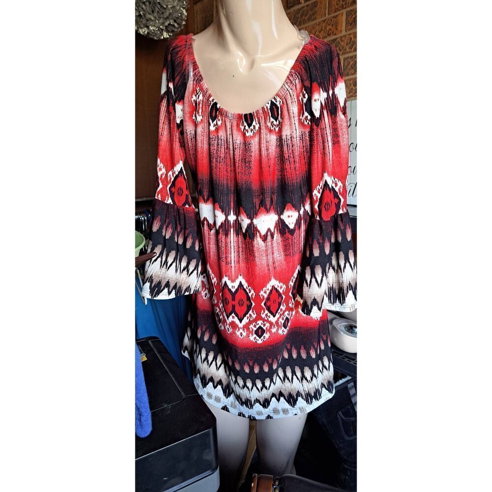 New Womens Small Red & Black Top with Bell 3/4 Sleeves